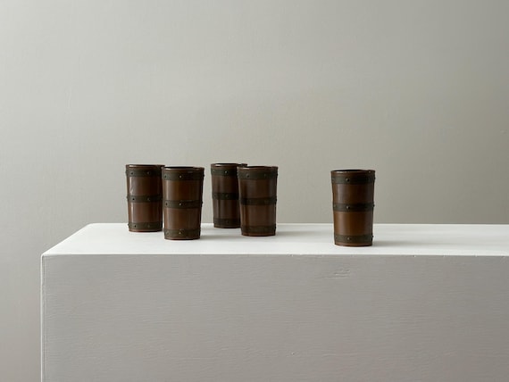 Vintage Taxco Copper Barrel Cups Set of 5 - Mexican Hammered Copper Drinkware
