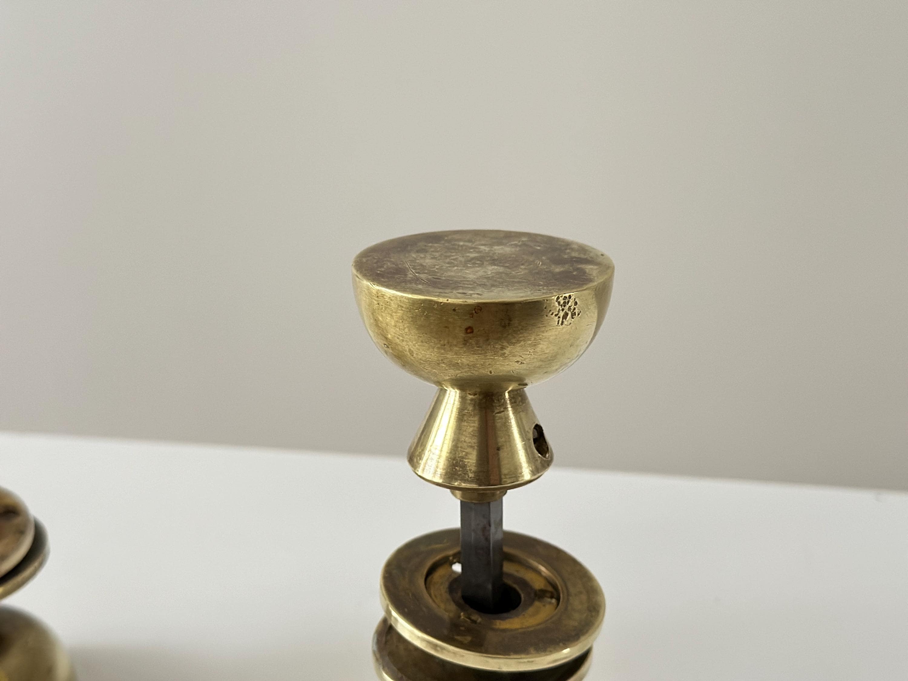 1950s - Solid brass vintage geometric door knobs with modernist design and patina