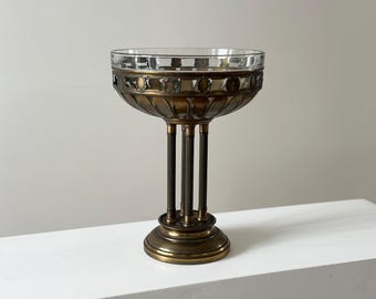 Vintage German Copper Pedestal Compote Bowl - Ornate Centerpiece with Glass Insert
