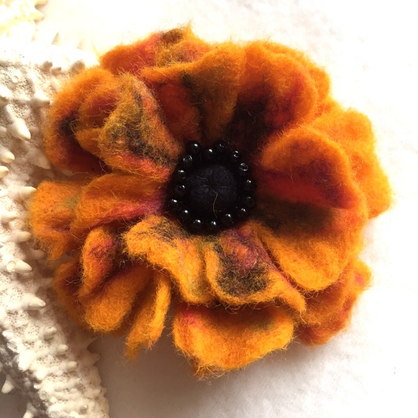 Orange Felted Flower Brooch Pin,Wool Felt, Felted Wool, Felt Brooch, Flower, Flower Pin Brooch, Felt Flower Pin, Beaded Flower