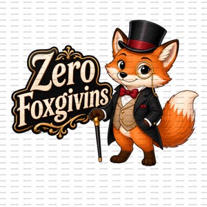 Pode incluir: Ilustração de uma raposa de desenho animado com cartola, monóculo e terno, segurando uma bengala. A raposa é laranja e branca com uma gravata borboleta vermelha. Texto: "Zero Foxgivins" em uma moldura decorativa.
