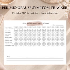 May include: A white A4 size perimenopause symptom tracker printable PDF document. The layout features a monthly grid with rows for symptoms like hot flashes, night sweats, mood swings, insomnia, and menstrual flow, plus a section for notes.