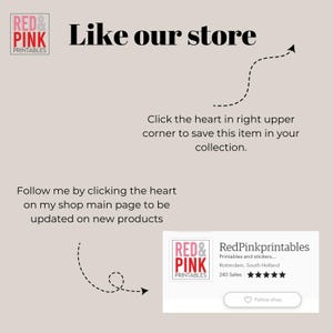 Puede incluir: Gr&aacute;fico beige claro con el texto "Like our store". Las instrucciones animan a guardar art&iacute;culos en una colecci&oacute;n y a seguir la tienda para obtener actualizaciones. Tambi&eacute;n se ven el logotipo y el nombre de la tienda, RedPinkprintables.