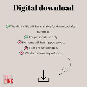 Puede incluir: Gr&aacute;fico de descarga digital con el texto "Digital download" en negrita, negro. La imagen incluye s&iacute;mbolos de marca de verificaci&oacute;n verde y X roja con texto que indica la naturaleza digital del producto. El logotipo de "RED & PINK PRINTABLES" est&aacute; en la parte inferior izquierda.