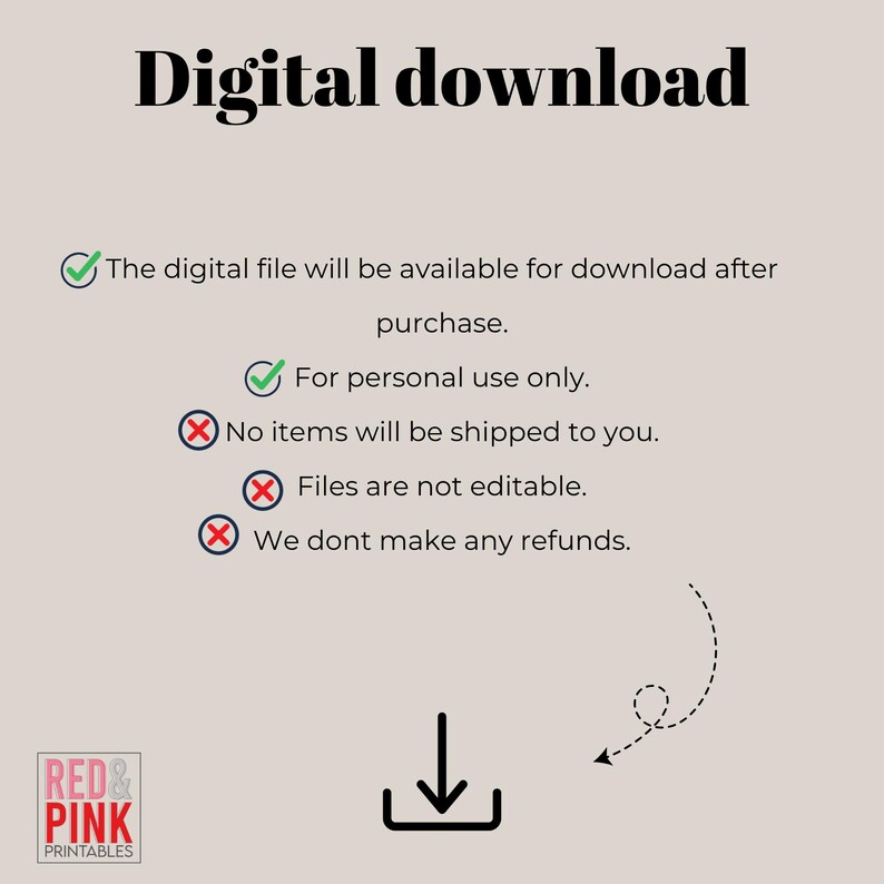 Puede incluir: Gr&aacute;fico de descarga digital con el texto "Digital download" en negrita, negro. La imagen incluye s&iacute;mbolos de marca de verificaci&oacute;n verde y X roja con texto que indica la naturaleza digital del producto. El logotipo de "RED & PINK PRINTABLES" est&aacute; en la parte inferior izquierda.