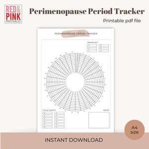 May include: A printable A4-sized PDF perimenopause period tracker. The design features a circular calendar layout, with sections for cycle length, notes, and a period key. Available for instant download.
