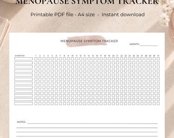 May include: A white A4 size printable menopause symptom tracker document featuring a grid with rows for symptoms and columns numbered 1 through 31 for days of the month. The header includes the text MENOPAUSE SYMPTOM TRACKER and a notes section.