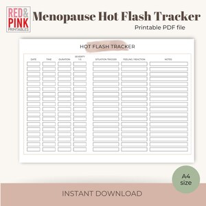 Puede incluir: Un archivo PDF imprimible titulado "Menopause Hot Flash Tracker". El documento blanco presenta una cuadr&iacute;cula para el seguimiento de los sofocos, con secciones para la fecha, la hora, la duraci&oacute;n, la gravedad, los desencadenantes, los sentimientos, las reacciones y las notas. Formato A4.