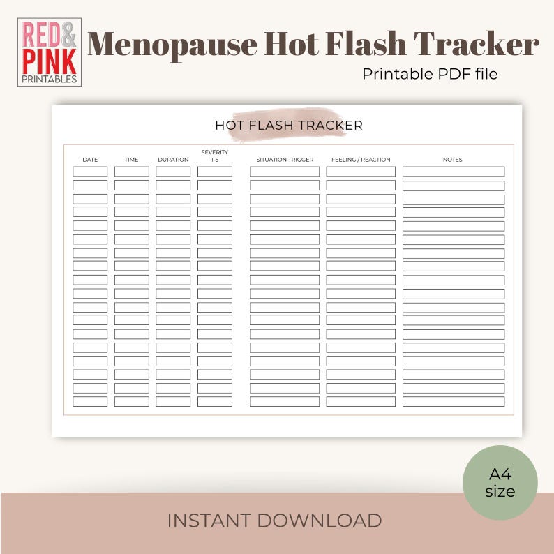 Puede incluir: Un archivo PDF imprimible titulado "Menopause Hot Flash Tracker". El documento blanco presenta una cuadr&iacute;cula para el seguimiento de los sofocos, con secciones para la fecha, la hora, la duraci&oacute;n, la gravedad, los desencadenantes, los sentimientos, las reacciones y las notas. Formato A4.