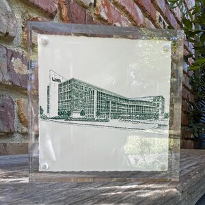 Hill Student Center print in a 4&quot;x4&quot; acrylic frame