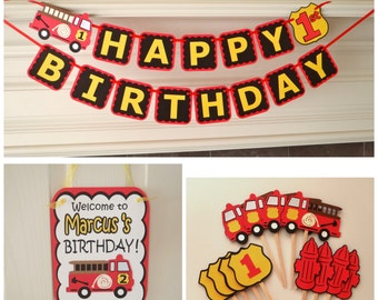 Fire Truck Birthday Party Package Banner Door Sign 12 Cupcake Toppers FireTruck Party Decorations by Feisty Farmers Wife