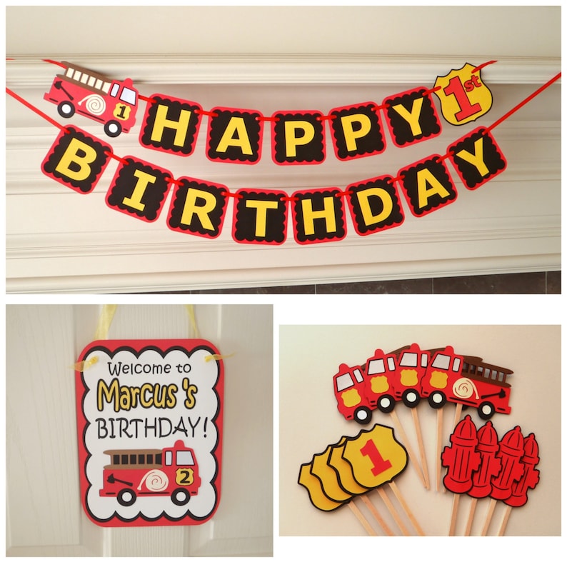 Fire Truck Birthday Party Package Banner Door Sign 12 Cupcake Toppers FireTruck Party Decorations by Feisty Farmers Wife 