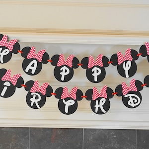 Minnie Mouse Birthday Banner Party Decorations with Red or Pink Bow and Custom Name Option by FeistyFarmersWife