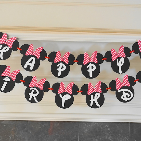 Minnie Mouse Birthday Banner Party Decorations with Red or Pink Bow and Custom Name Option by FeistyFarmersWife