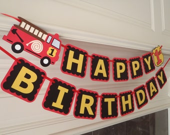 Fire Truck Birthday Banner for Fireman Party Decorations with Age and Custom Name Option by Feisty Farmers Wife