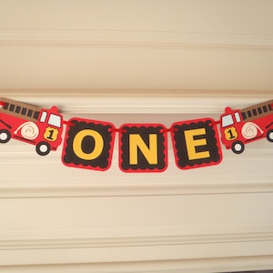 Fire Truck Birthday Banner  ONE 1st Birthday Banner High Chair Banner Fire Truck Party Decorations by FeistyFarmersWife