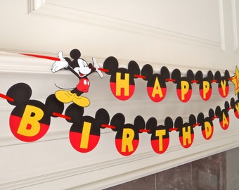 Mickey Mouse Happy Birthday Banner with Yellow Letters Age and Mickey Cutout by FeistyFarmersWife