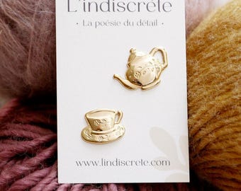 Duo de pin’s Tea Time – accessoires poétiques dorés – broches tasse et théière – création artisanale faite main en France