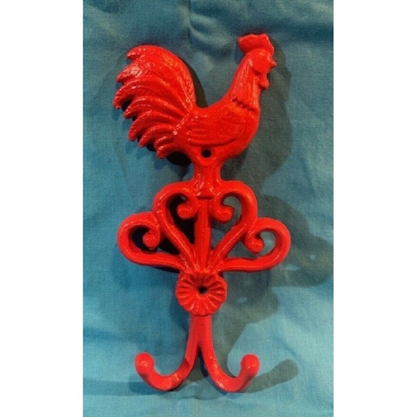 Antique Red Cast Iron Rooster Wall Mounted Hook 9" tall 0184-0569aRed