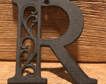 Cast Iron Ornate Letter "R" 4 5/8" tall by 4 5/8" wide Raw Rustic Brown Cast Iron Ready for Paint 0184-0557-R