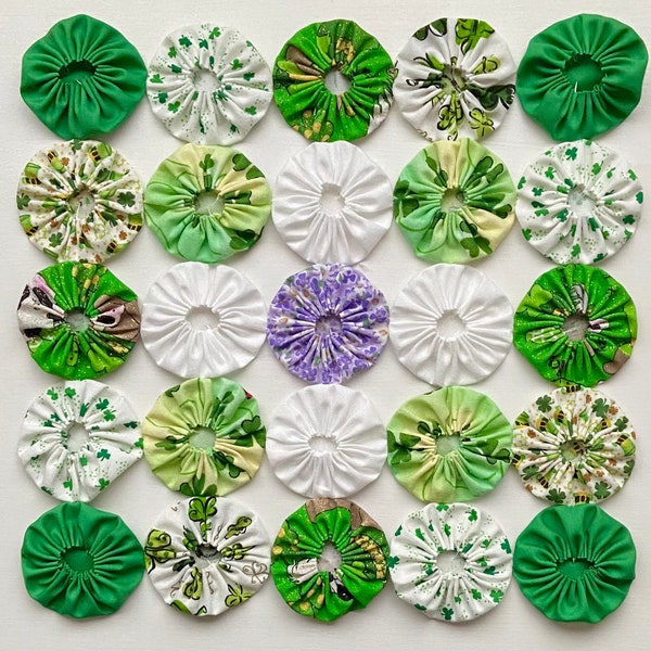 Luck of the Irish St. Patrick’s Day Spring Emerald Green Shamrock Handmade Fabric Yo Yo Quilt Doily Mug Mat Table Runner Holiday Decor