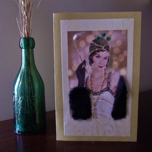 Hand Made Note Card, Roaring 1920's Vamp, w/Beads, Fur & Sequins,  5 1/2 x 8 1/2, w/Envelope