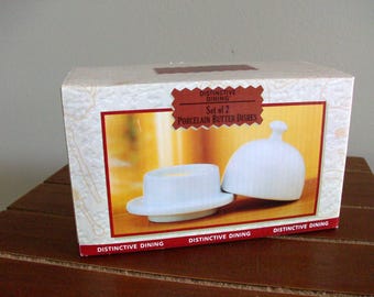 Butter-Gewürzschalen, gewölbter Deckel, Porzellan, 2er-Set NOS mit Box