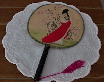 Vintage Oriental Paddle Hand Fan, Geisha w/Cherry Blossoms, Silk & Bamboo, w/Tassel, Japan