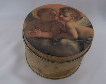 Small Round Tin w/Painting by Guercino in Louvre on Lid, Gold Color, From London UK, Pristine