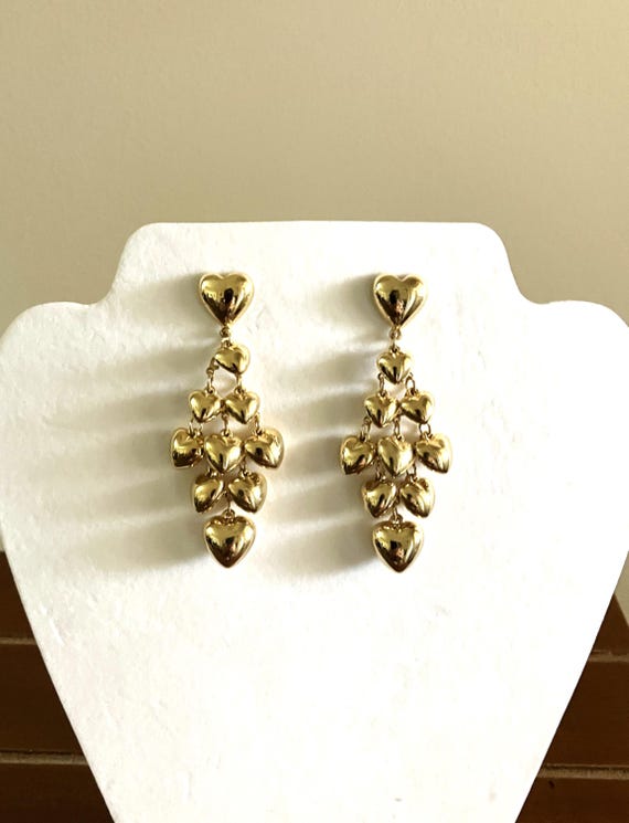 Heart Shape Earrings: Dangle, Pierced , Goldtone.… - image 1