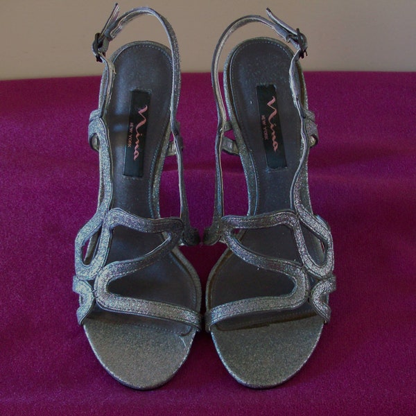 Dressy Stiletto Heel Shoes by Nina New York, Silver Gray Strap Sandal, Size 7 1/2M, 4" Heel, Like New