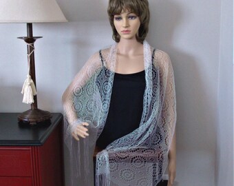 White Lace Shawl Scarf, Sheer Dressy,  Fringe