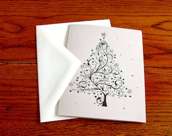 Set of 5 Handcrafted Christmas Cards w/Envelopes, Stylized Christmas Tree