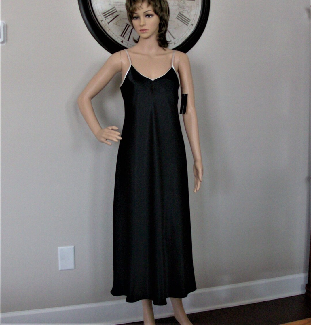 Jones New York Black Satin Nightgown Size Small, White Trim, Ankle