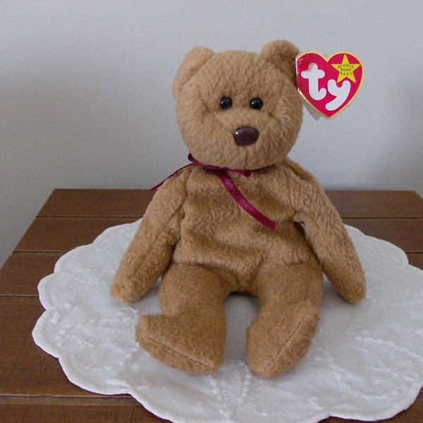 Ty Beanie Baby Curly the Teddy Bear, DOB 4/12/1996, Tag Errors, Tush 1993, Hang 1996, has Burgundy Bow