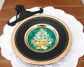 Chokin Plate, Christmas Theme, Black w/24K Gold Edge, NIP w/Stand 6&quot; Diameter, Japan, New Condition