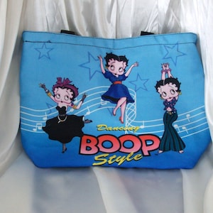 Betty Boop Tote Bag, Blue/Black w/Graphics, Unused Condition, Lined, Zipper Top Closure