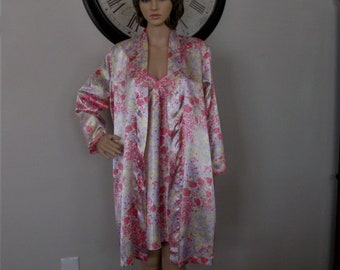 Adonna Robe & Nightgown Set, Size Small, Pastel Multicolor Satin, NOS, Above Knee Length,  Beautiful