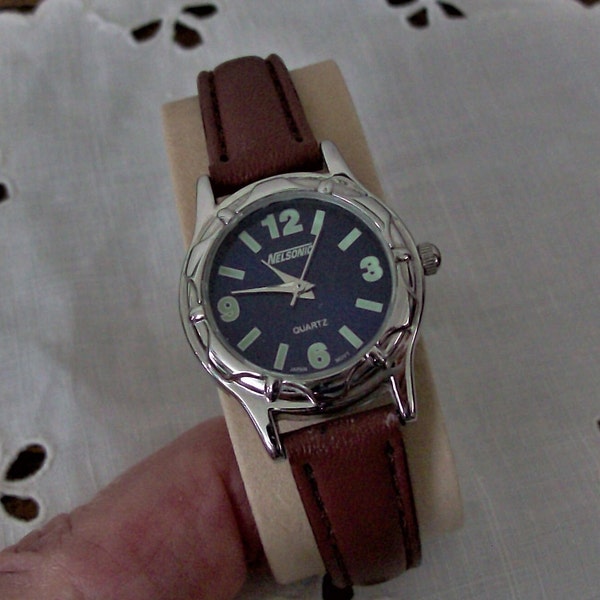 Nelsonic Quartz Wristwatch, Blue Dial, Green Numbers, Leatherette Strap, #AX2001, 056-PC21, New Battery