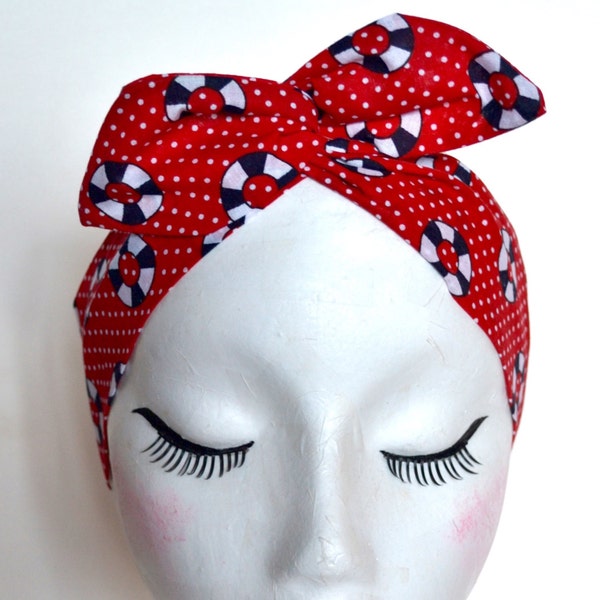 Rockabilly Pin Up Red White Polkadot Nautical Lifebuoy Dolly Bow Wire Headband