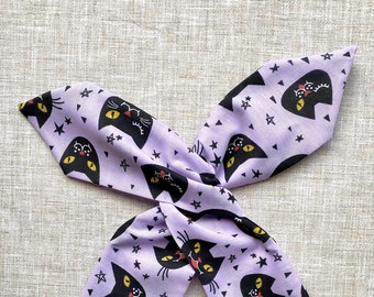 Rockabilly Pin Up Lilac Purple & Black Cat Star Print Halloween Dolly Bow Wire Headband