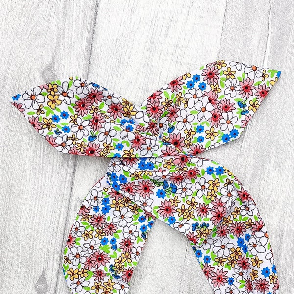 Rockabilly Pin Up Blue Pink & Yellow Daisy Wildflower Floral Print Dolly Bow Wire Headband Hair Wrap