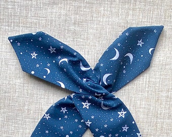 Rockabilly Pin Up Dark Blue and White Moon & Stars Print Dolly Bow Wire Headband