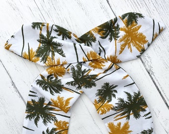 Rockabilly Pin Up Mustard Yellow Olive Green Tropical Palm Tree Print Dolly Bow Wire Headband Hair Wrap