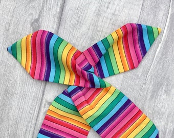 Rockabilly Pin Up Rainbow Stripe Print Dolly Bow Wire Headband