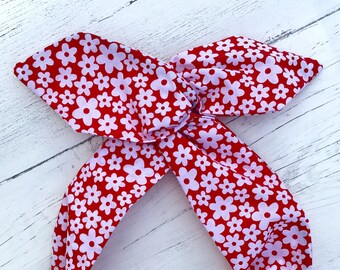 Rockabilly Pin Up Red White Daisy Flower Print Dolly Bow Wire Headband Hair Wrap