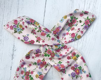 Rockabilly Pin Up Pink, Purple & Yellow Wildflower Floral Leaf Print Dolly Bow Wire Twist Headband