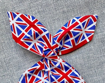 Rockabilly Pin Up Red White Blue UK Union Jack British Flag Print Dolly Bow Wire Headband