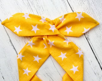 Rockabilly Pin Up Yellow & White Star Print Dolly Bow Wire Twist Headband