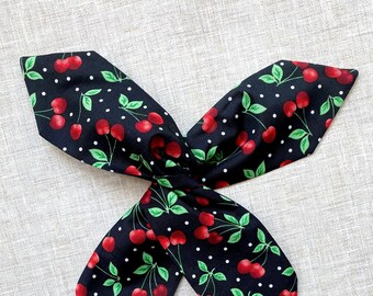 Rockabilly Pin Up Black & Red Cherry Cherries Print Wire Cotton Headband